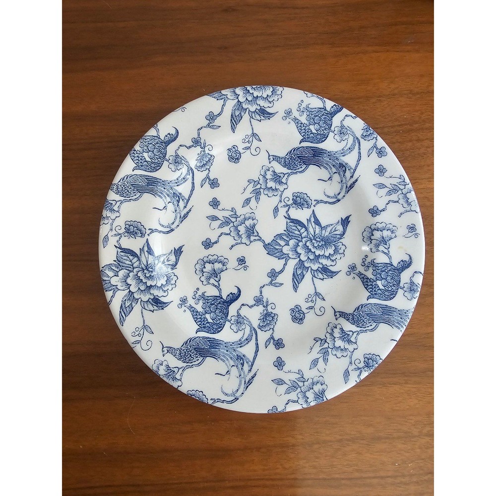 2 Blue Vintage Staffordshire Engravings Bird of Paradise Desert Plates
